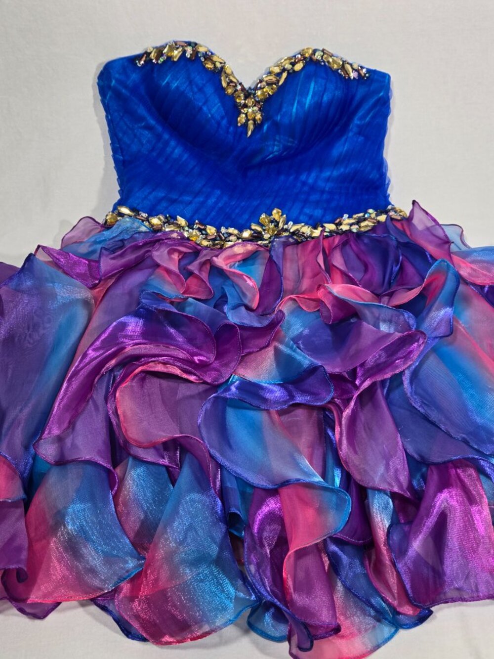 Y2K Vintage PRECIOUS FORMALS Blue-Ombre Strapless Ruffles Mini DRESS Size 8-12. - Picture 6 of 17